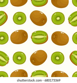 Vector seamless pattern with cartoon kiwi isolated on white. Bright slice of tasty fruits. Illustration used for magazine, kitchen textile, greeting cards, menu cover, web pages.