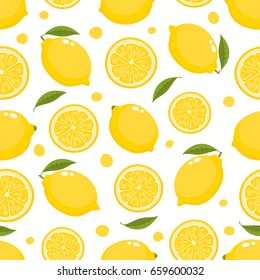 Vector seamless pattern with cartoon lemon isolated on white. Bright half, slice and whole of tasty citrus fruits. Illustration used for magazine, book, poster, card, menu cover, web pages.