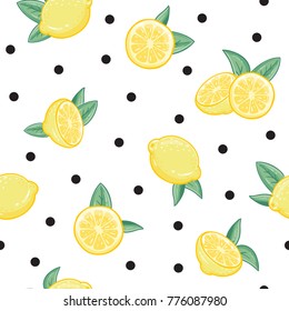 Vector seamless pattern with cartoon lemons and black dots isolated on white. 