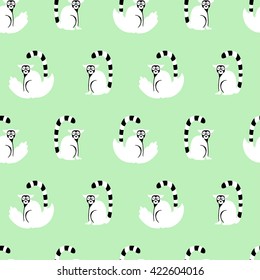 Vector seamless pattern with cartoon lemurs. Green and white colors.