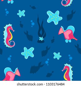 Vector seamless pattern  cartoon. Life under water, summer vacation, recreation, marine animals on dark blue background.