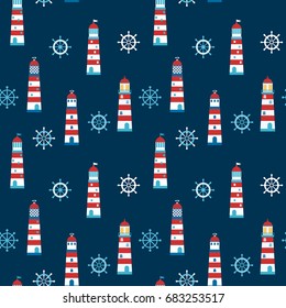 Vector seamless pattern with cartoon lighthouses and helms on dark blue background for children invitations, clothing and paper products