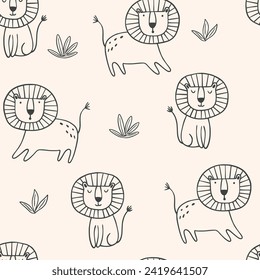 Vector seamless pattern with cartoon lion and leaves in Scandinavian style. Hand draw cute animals in sketch style. Doodle style line art. Jungle animals. Cute baby background.