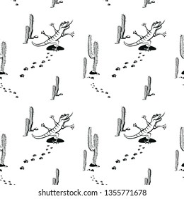 Vector seamless pattern with cartoon lizards does yoga against a desert background with cacti. Healthy lifestyle concept. Use for postcards, print for t-shirts, posters, textile.