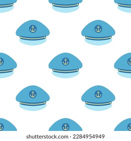 vector seamless pattern with cartoon marine hat, officer cap wallpaper on white background, texture repeat, flat simple design 