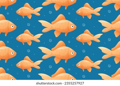 Vector seamless pattern, cartoon marine goldfish swimming in the water.