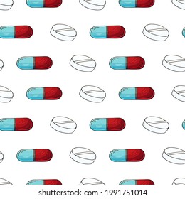 Patrón sin vectores. Medicamentos de caricatura con estilo de dibujar a mano. Fondo del embalaje
