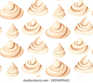Vector seamless pattern with cartoon meringues and marshmallow on white background. Texture with sweet vanilla cream toppings. Surface design with tasty food for wallpaper and wrapping paper