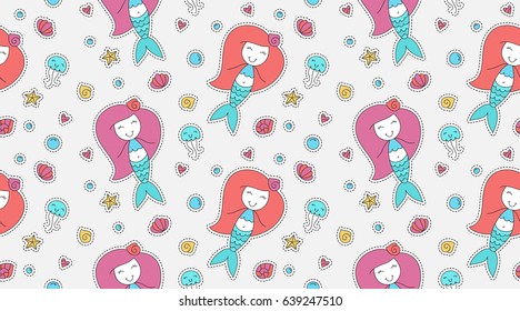vector seamless pattern of cartoon mermaid, shell, starfish, jellyfish and bubble
