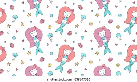 vector seamless pattern of cartoon mermaid, shell, starfish, jellyfish and bubble