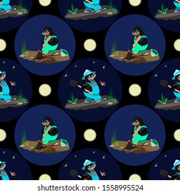 Vector seamless pattern with cartoon mole character. A mole with a shovel goes at night along the path. A mole is digging a hole, looking for a treasure.