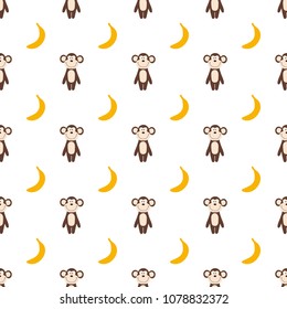 Vector seamless pattern of cartoon monkey and banana
