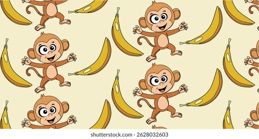 Vector seamless pattern with cartoon monkeys and bananas on a pale yellow background. Cartoon flat illustration of a monkey. Print for textiles, wallpapers, and covers.
