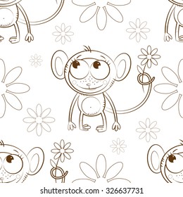 Vector seamless pattern with cartoon monkeys and flowers  on a white  background.