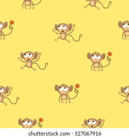 Vector seamless pattern with cartoon monkeys and flowers  on a yellow  background.