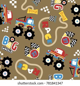 vector seamless pattern of cartoon monster truck with racing elements