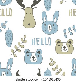 Vector Seamless Pattern with  Cartoon Mooses, Rabbits, Bears,Branches, and Hello. Scandinavian style