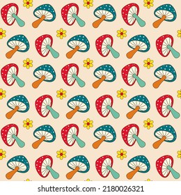 Vector seamless pattern with cartoon mushrooms on a beige background. Colorful retro amanita mushrooms background for print, wrapping paper, kids fabric, fall decoration, cards, surface pattern design
