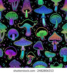 Vector seamless pattern of cartoon mushrooms