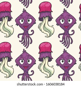 Vector seamless pattern with cartoon octopus and jellyfish on white background