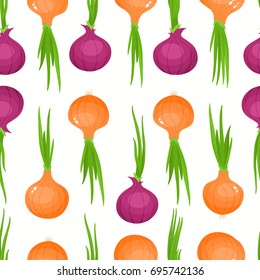 Vector seamless pattern with cartoon onions isolated on white. Bright slice of tasty vegetables. Illustration used for magazine, kitchen textile, greeting cards, menu cover, web pages.