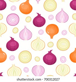 Vector seamless pattern with cartoon onions isolated on white. Bright slice of tasty vegetables. Illustration used for magazine, kitchen textile, greeting cards, menu cover, web pages.