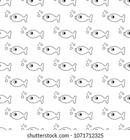 Vector seamless pattern of cartoon outline fishes.