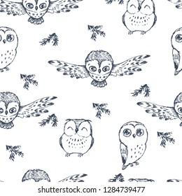 Vector seamless pattern with cartoon owls in forest. Hand drawn texture with cute birds and fir branches.