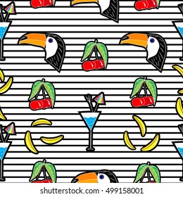 Vector seamless pattern with  cartoon patch badges with banana,cherry, toucan,cocktail.For t-shirt or other uses.Retro style 80s-90s.Stock vector
