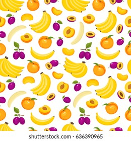 Vector seamless pattern with cartoon peach, banana, plums isolated on white. Bright half, slice, whole of juice fruits. Illustration used for magazine, poster, card, menu cover, web pages.