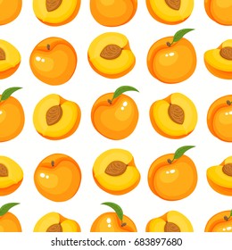 Vector seamless pattern with cartoon peaches isolated on white. Bright slice of tasty fruits. Illustration used for magazine, kitchen textile, greeting cards, menu cover, web pages.
