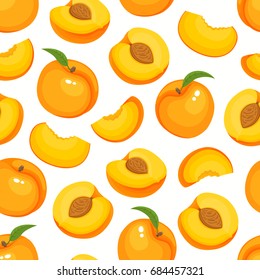 Vector seamless pattern with cartoon peaches isolated on white. Bright slice of tasty fruits. Illustration used for magazine, kitchen textile, greeting cards, menu cover, web pages.