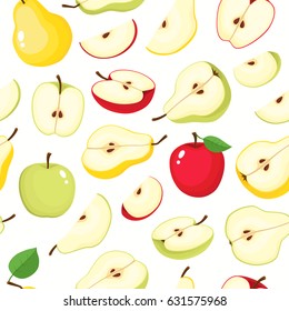 Vector seamless pattern with cartoon pears and apples isolated on white. Bright half, slice and whole of juice fruits. Illustration used for magazine, book, poster, card, menu cover, web pages.