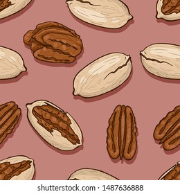 Vector Seamless Pattern of Cartoon Pecan Nuts on Pink Background