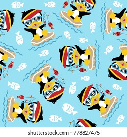 vector seamless pattern of cartoon penguin fishing