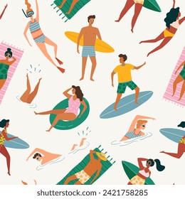 Vector seamless pattern with cartoon people lying on beach and sunbathing, surfers carrying surfboards. Men and women relaxing near the ocean. Summertime beach vector illustration. Flat design.