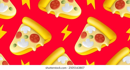 Vector seamless pattern with cartoon piece of cheese pizza with mushroom and pepperoni on red background. 3d cartoon style design of fast food with yellow lightning symbol for web, site, banner, menu