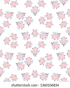 Vector seamless pattern of cartoon pigs angels flying on white background. 