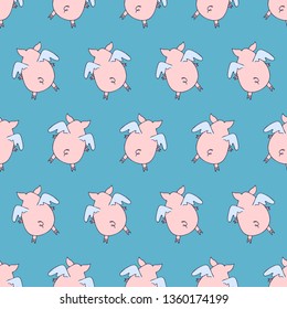 Vector seamless pattern of cartoon pigs angels flying on blue background. 