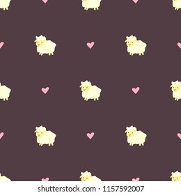 Vector seamless pattern of cartoon pink sheep with hearts. Seamless pattern.