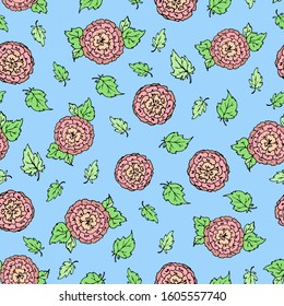 vector seamless pattern with cartoon pink flowers peonies and leaves on a blue background. can be used as a design for packaging paper, textiles, Wallpaper and other things.