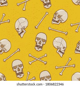 Vector Seamless Pattern - Cartoon Pirate Skulls with Cross Bones on Yellow Background