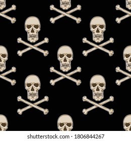 Vector Seamless Pattern - Cartoon Pirate Skulls with Cross Bones on Black Background