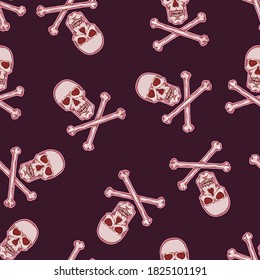 Vector Seamless Pattern - Cartoon Pirate Skulls on Purple Background