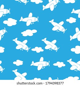 Patrón vectorial sin fisuras con planos de dibujos animados y nubes para texturas, textiles y fondos simples.