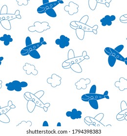 Vector seamless pattern with cartoon planes and clouds for texture, textiles and simple backgrounds.