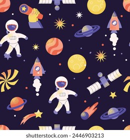 Vector seamless pattern cartoon planets. Space, fantasy planets. Cosmos, galexy objects, astronaut, stars.  Vector illustration isolated on background