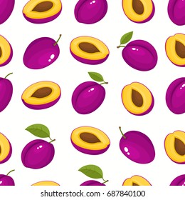Vector seamless pattern with cartoon plums isolated on white. Bright slice of tasty fruits. Illustration used for magazine, kitchen textile, greeting cards, menu cover, web pages.