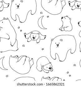 Vector Seamless Pattern With Cartoon Polar Bears Isolated On White Background. Hand Drawn Texture With Cute North Animals In Doodle Style.