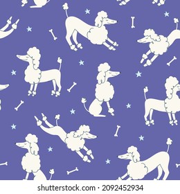 Vector seamless pattern with cartoon  poodles on blue background. Hand-drawn animal seamless fabric design. Cute Poodle dog. Doodle style. For textiles, clothing, bed linen, office supplies.